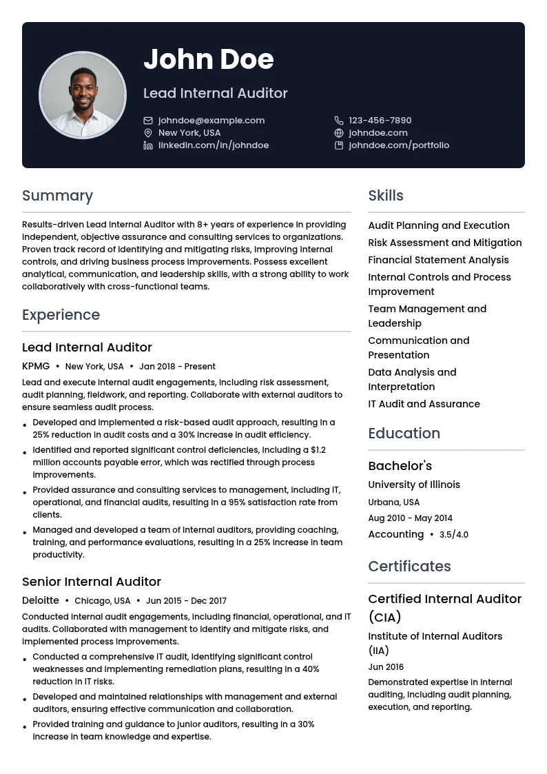 Lead Internal Auditor resume example