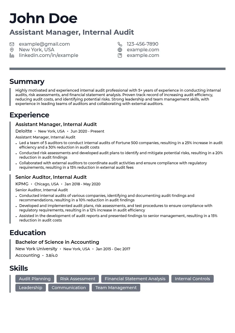 Assistant Manager, Internal Audit resume example