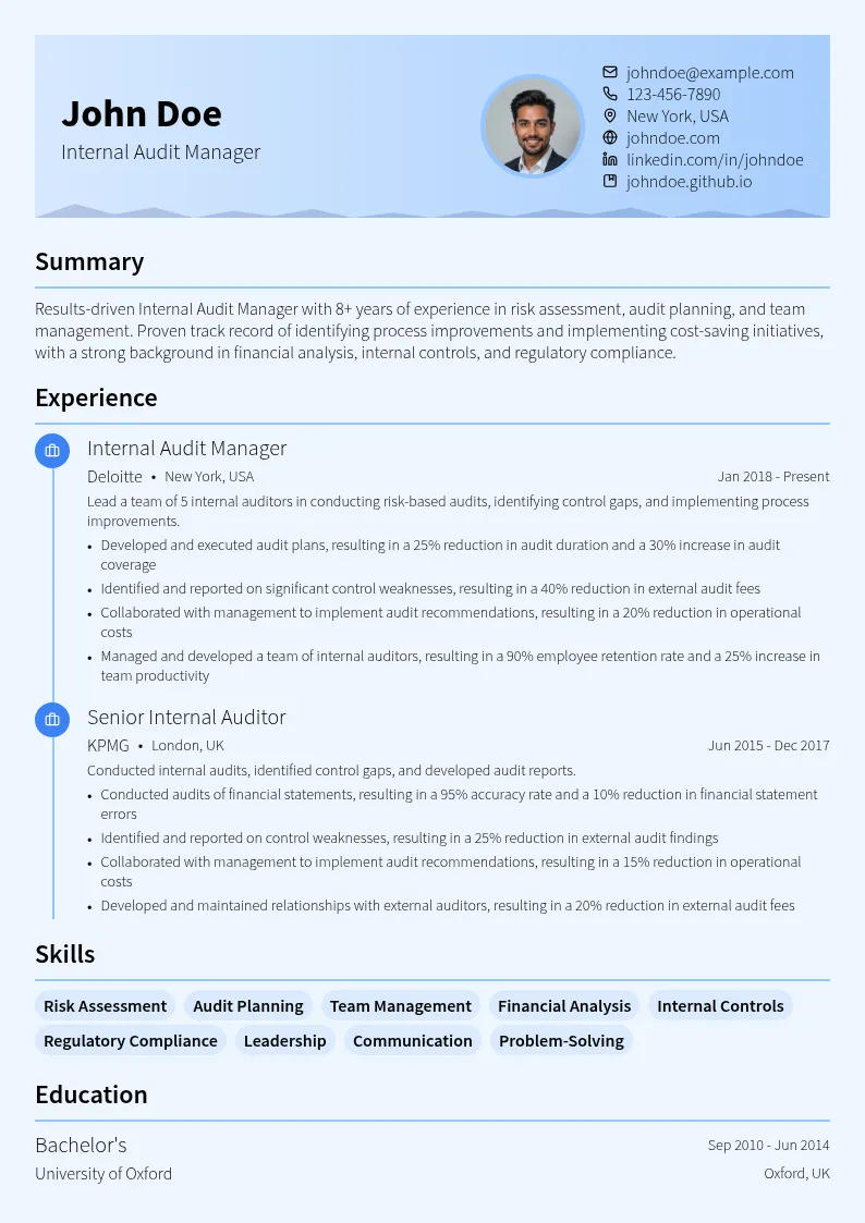 Manager, Internal Audit resume example