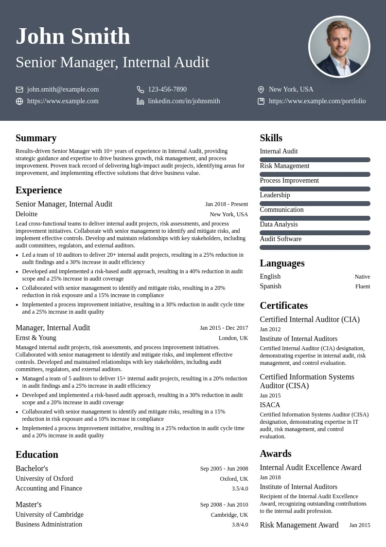 Senior Manager, Internal Audit resume example