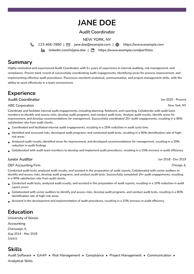 Audit Coordinator resume example