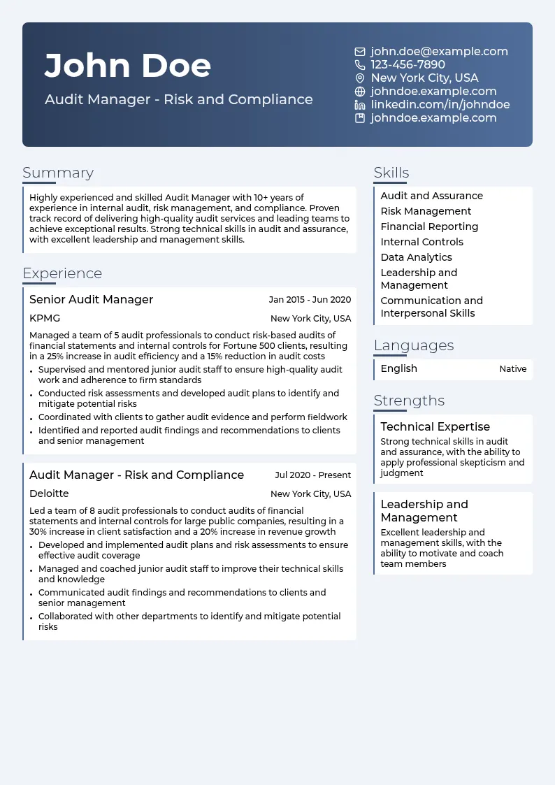 Audit Manager - Risk and Compliance resume example