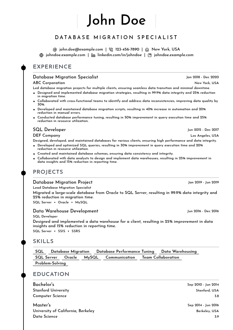Database Migration Specialist resume example