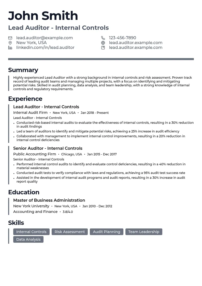 Lead Auditor - Internal Controls resume example