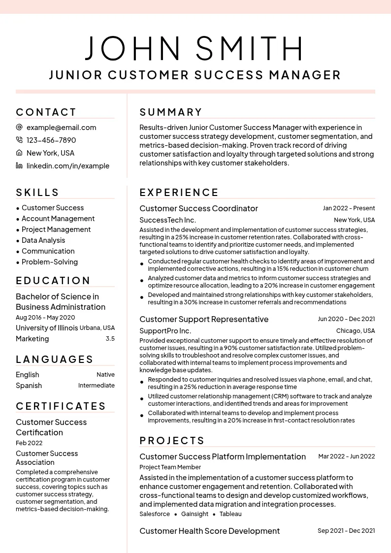 Junior Customer Success Manager resume example