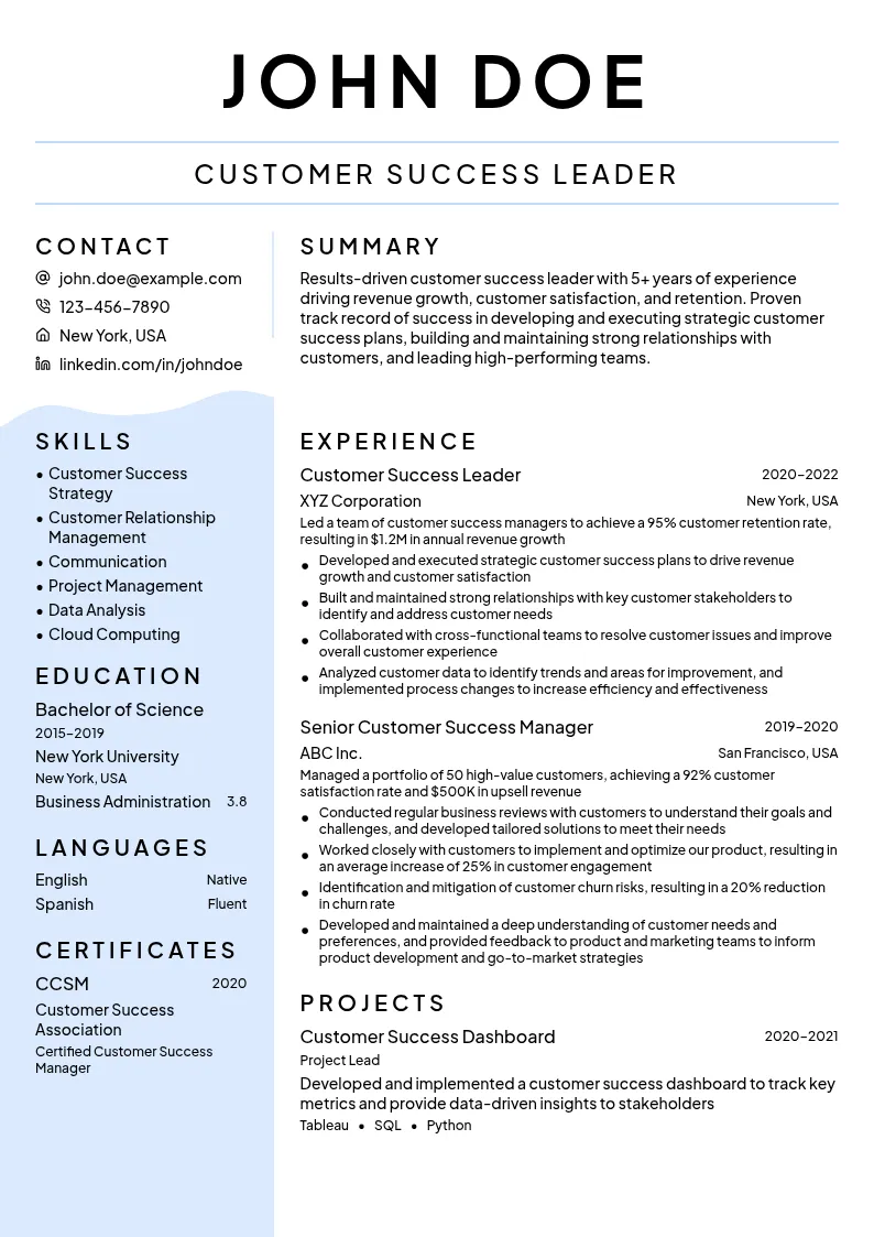 Customer Success Leader resume example