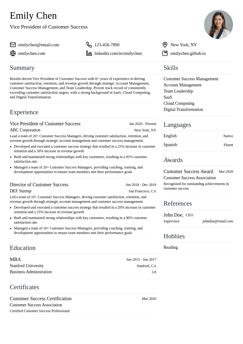Vice President of Customer Success resume example