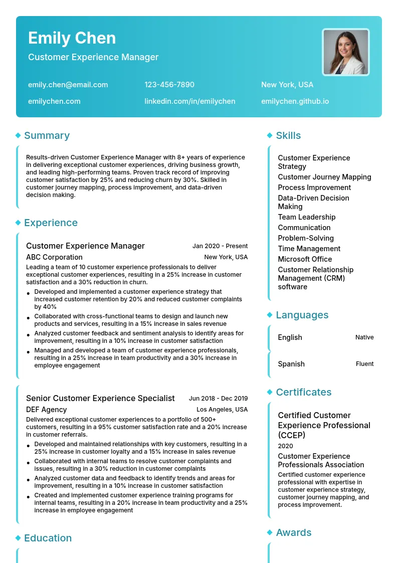 Customer Experience Manager resume example