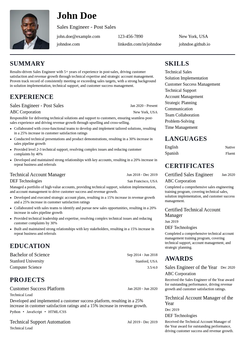 Sales Engineer - Post Sales resume example
