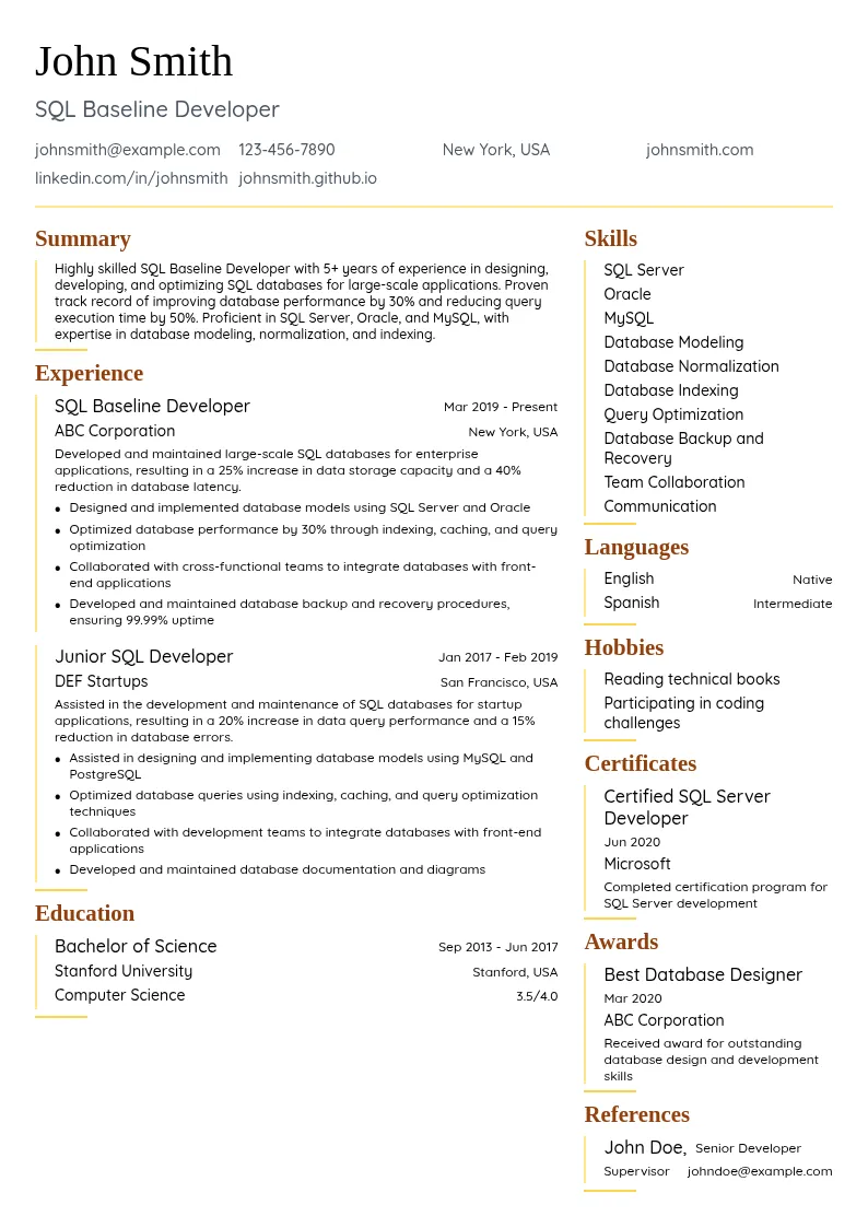 SQL Baseline Developer resume example