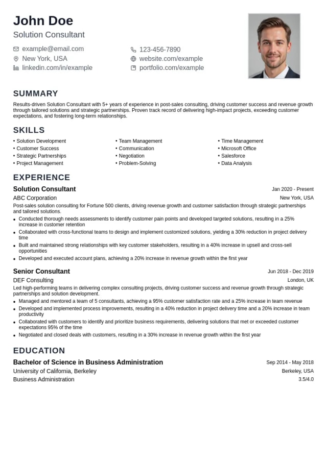 Solution Consultant - Post Sales resume example