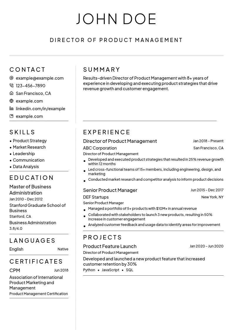 Director of Product Management resume example