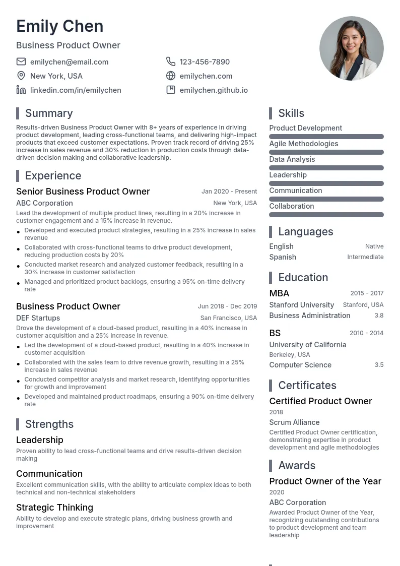 Business Product Owner resume example
