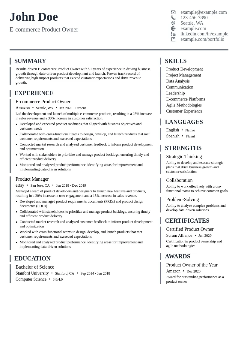 E-commerce Product Owner resume example