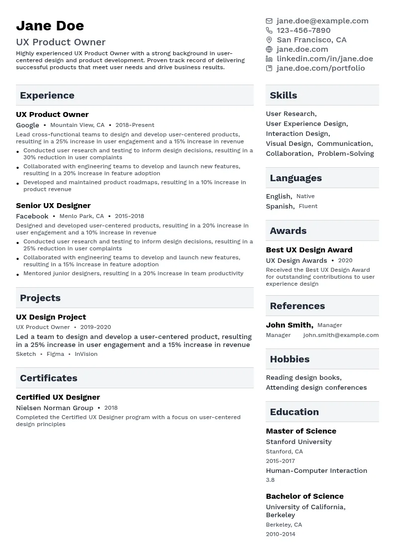 UX Product Owner resume example