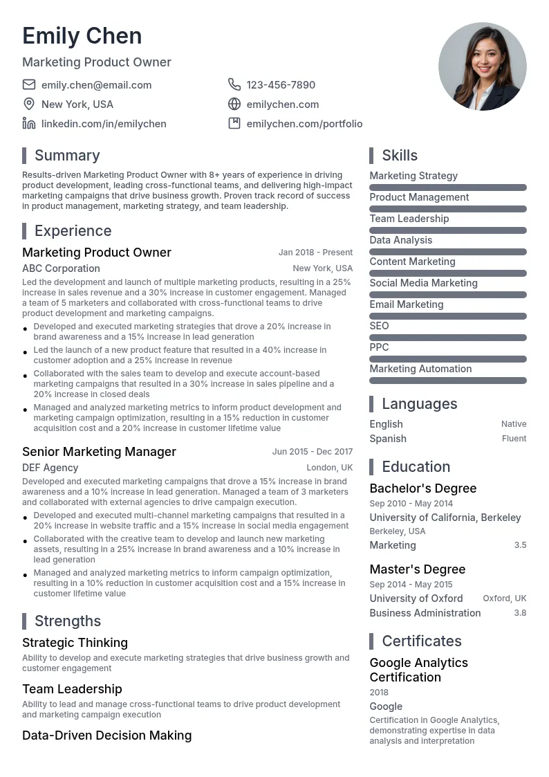 Marketing Product Owner resume example
