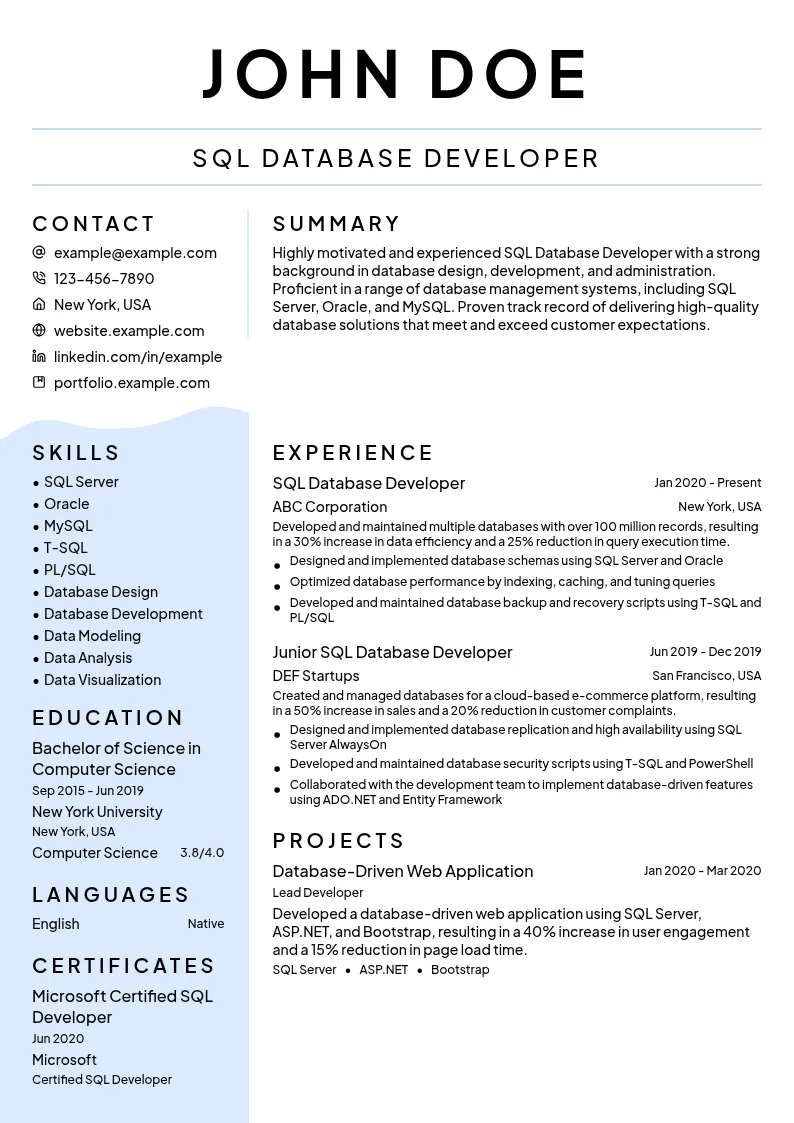 SQL Database Developer resume example
