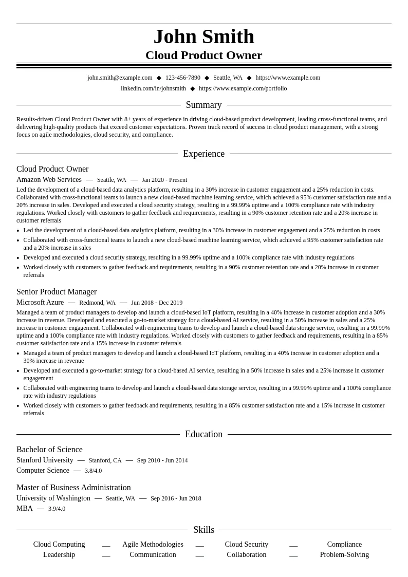 Cloud Product Owner resume example