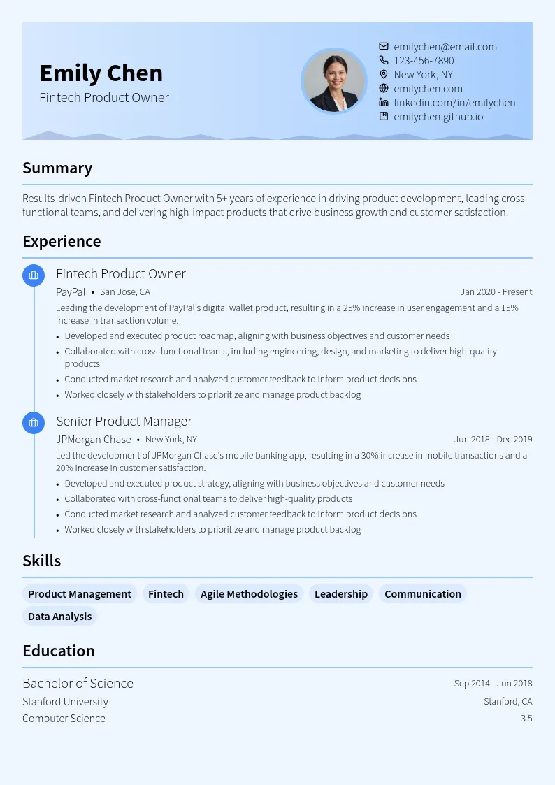 Fintech Product Owner resume example