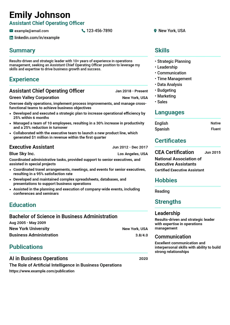 Assistant Chief Operating Officer resume example