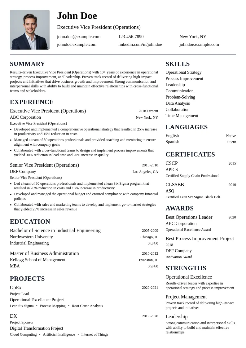Executive Vice President (Operations) resume example