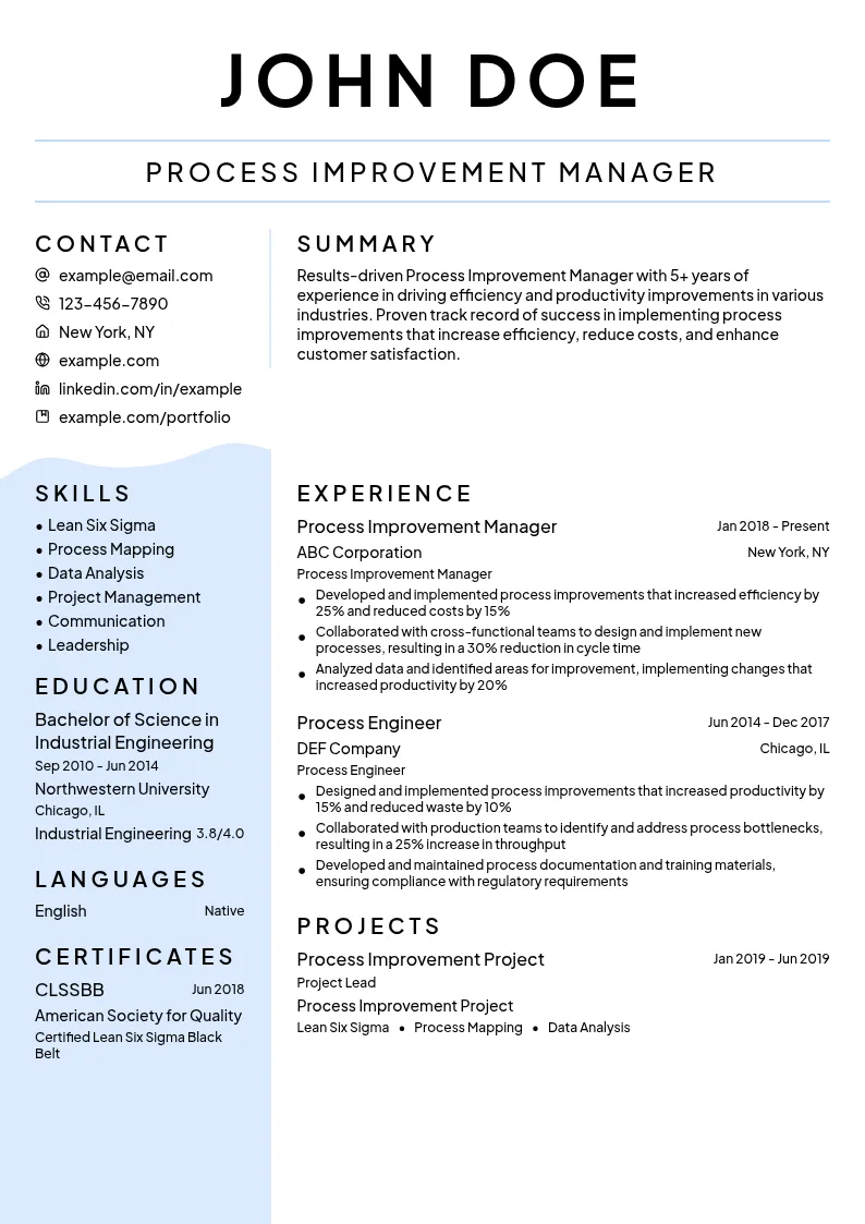 Process Improvement Manager resume example