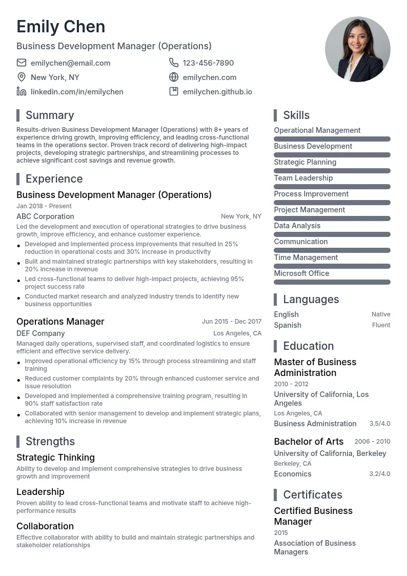 Business Development Manager (Operations) resume example