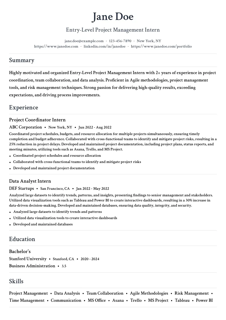 Entry-Level Project Management Intern resume example