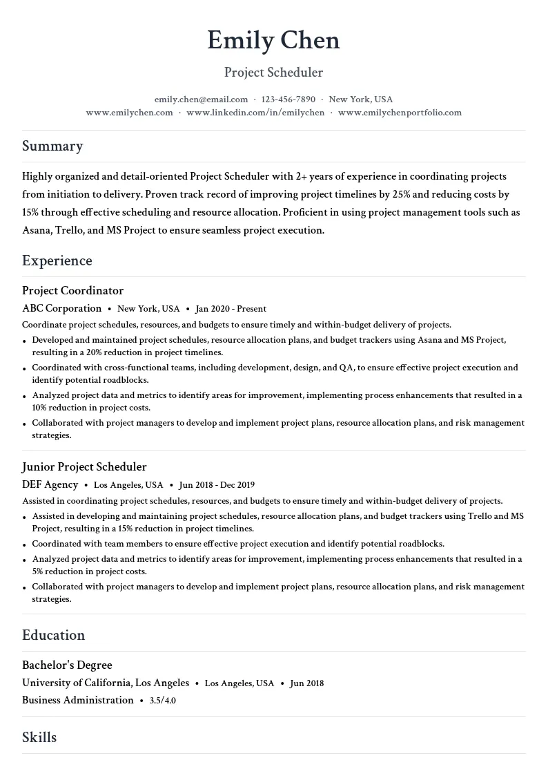 Project Scheduler resume example