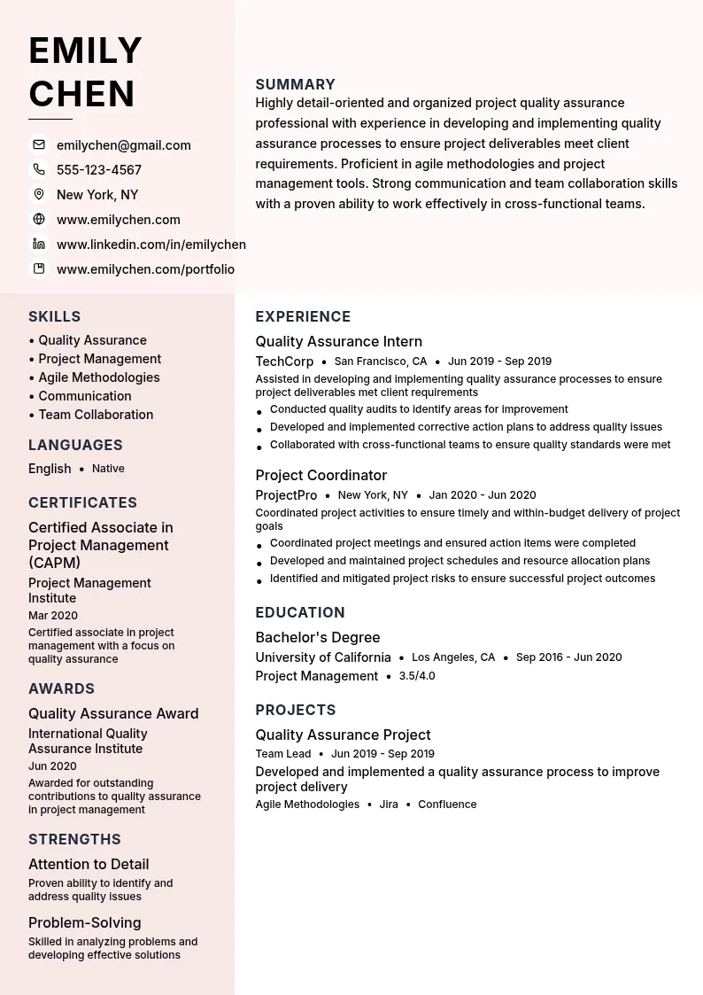 Project Quality Assurance resume example