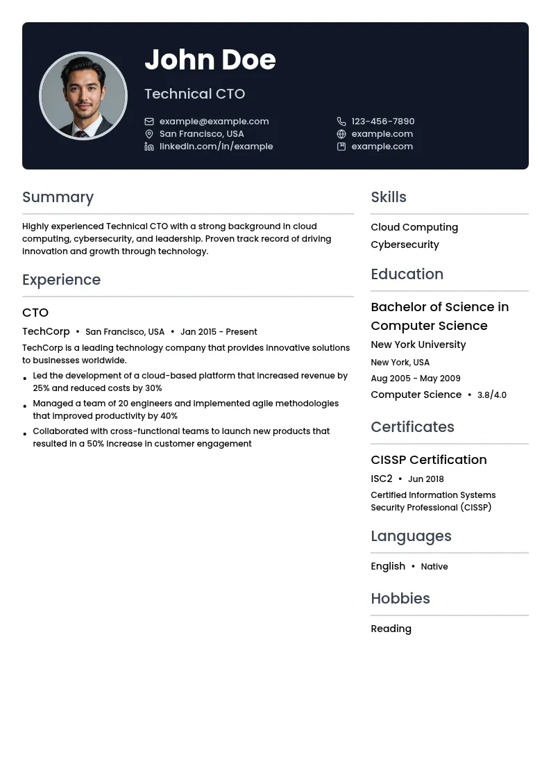 Technical CTO resume example