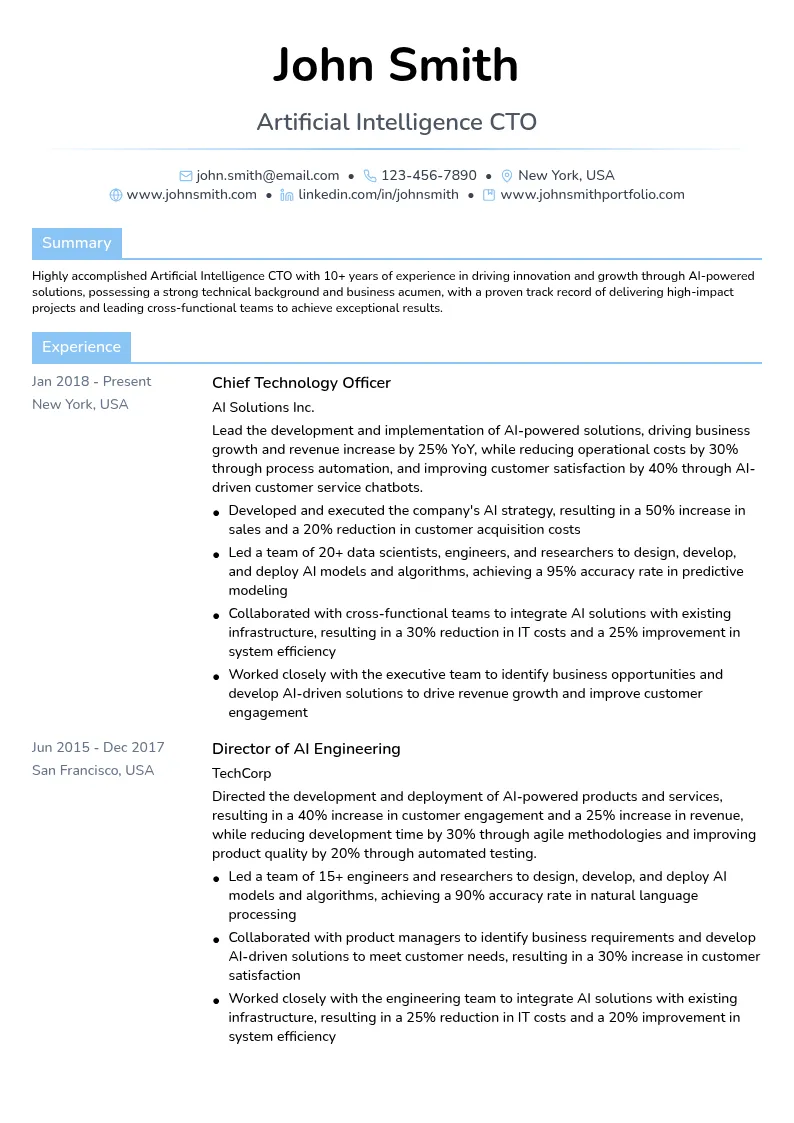 Artificial Intelligence CTO resume example