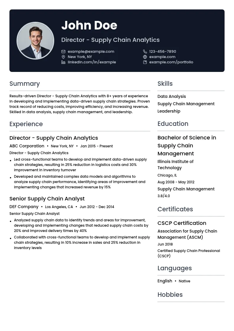 Director - Supply Chain Analytics resume example
