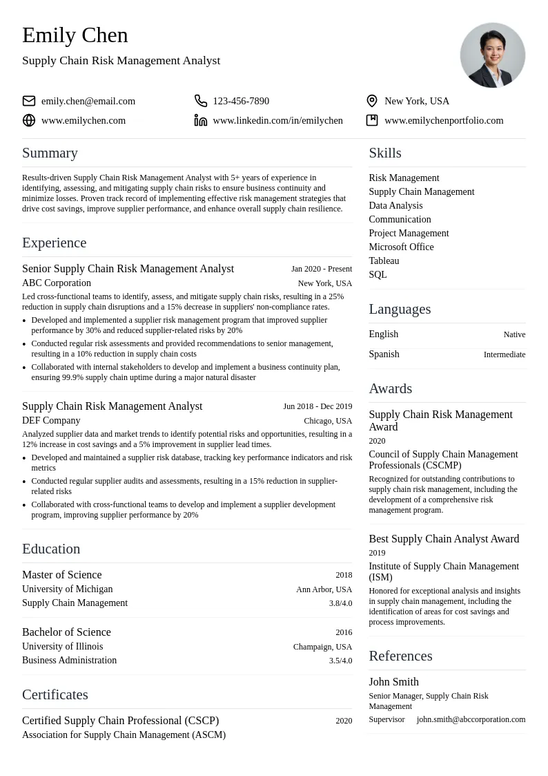 Supply Chain Risk Management Analyst resume example