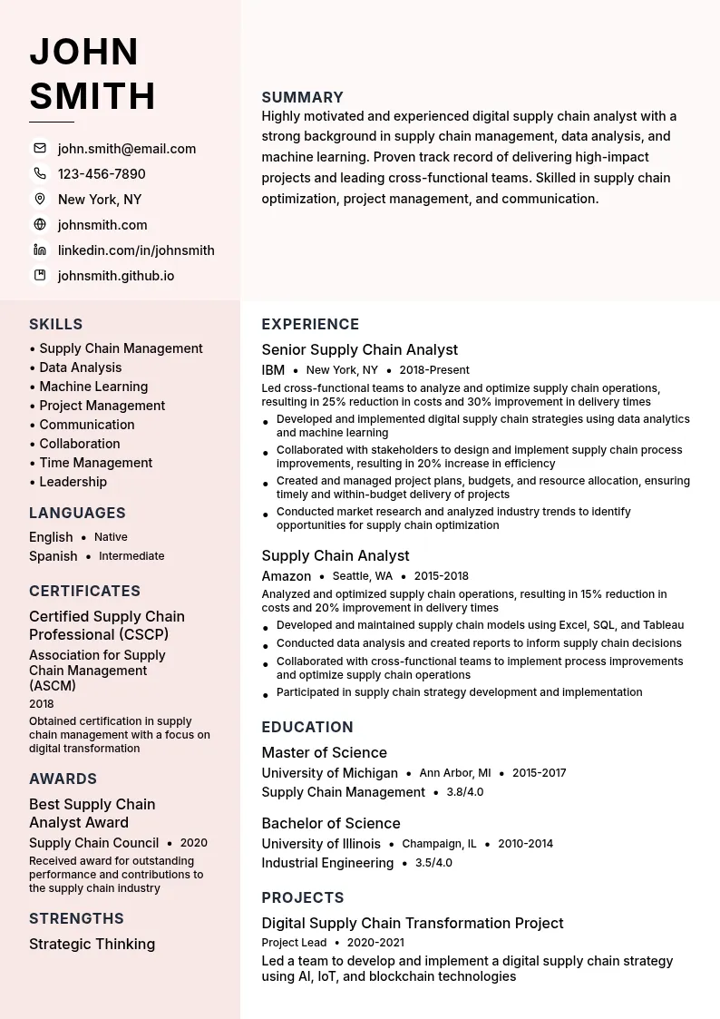 Digital Supply Chain Analyst resume example