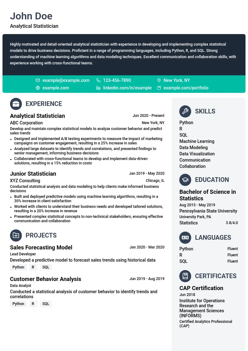 Analytical Statistician resume example