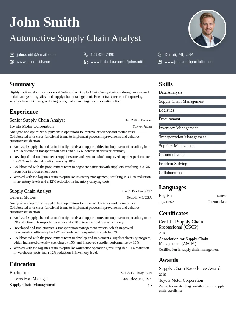 Automotive Supply Chain Analyst resume example