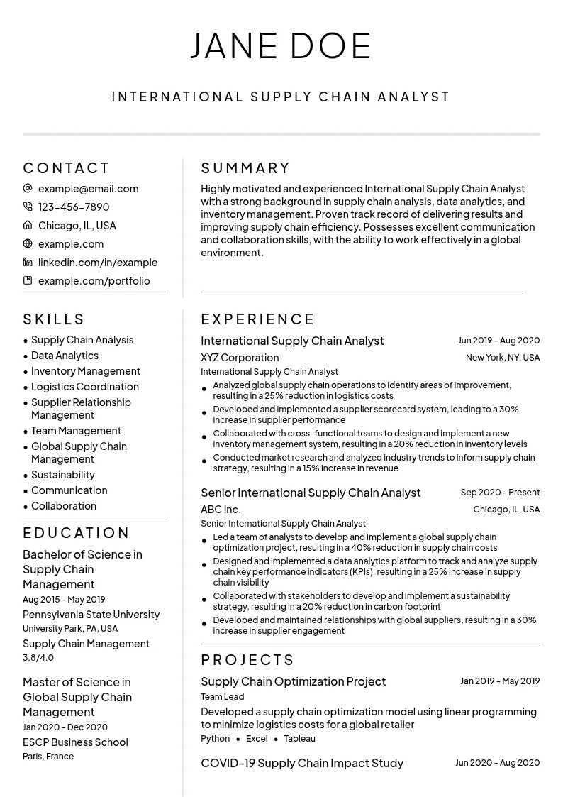 International Supply Chain Analyst resume example