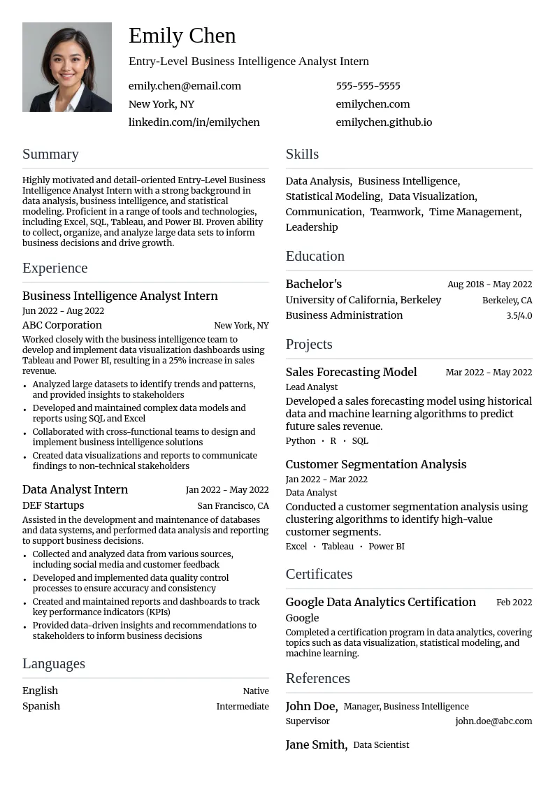 Entry-Level Business Intelligence Analyst Intern resume example