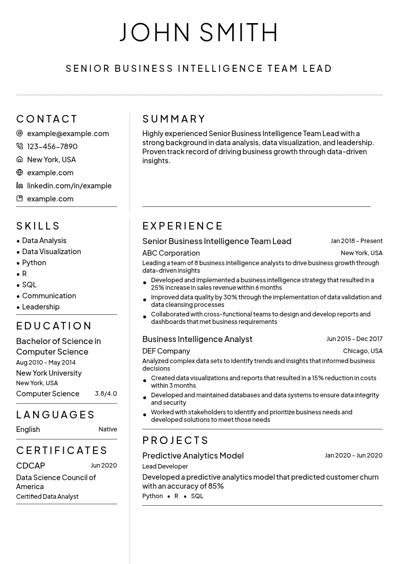 Senior Business Intelligence Team Lead resume example