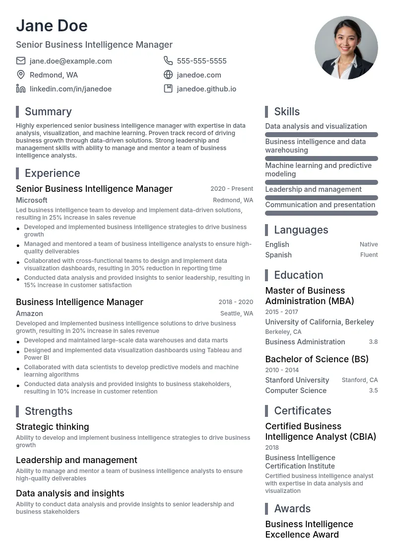 Senior Business Intelligence Manager resume example