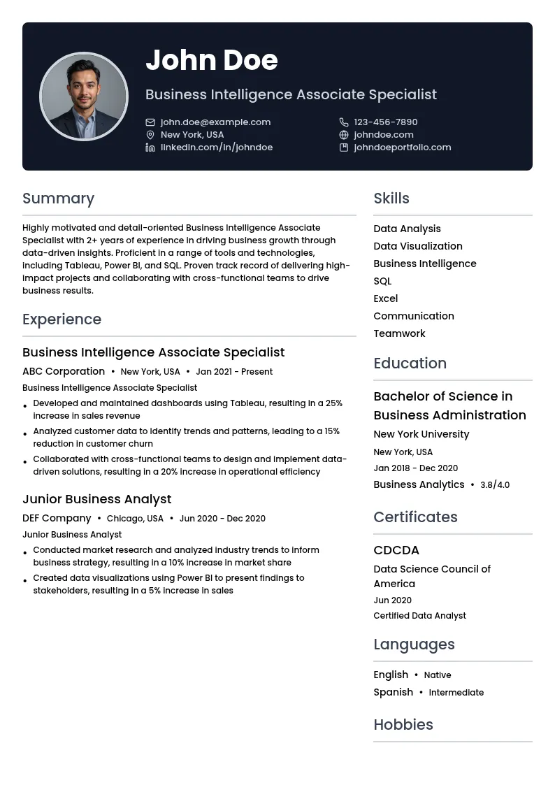 Business Intelligence Associate Specialist resume example