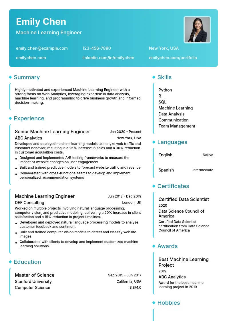 Machine Learning Engineer (Web Analytics Focus) resume example