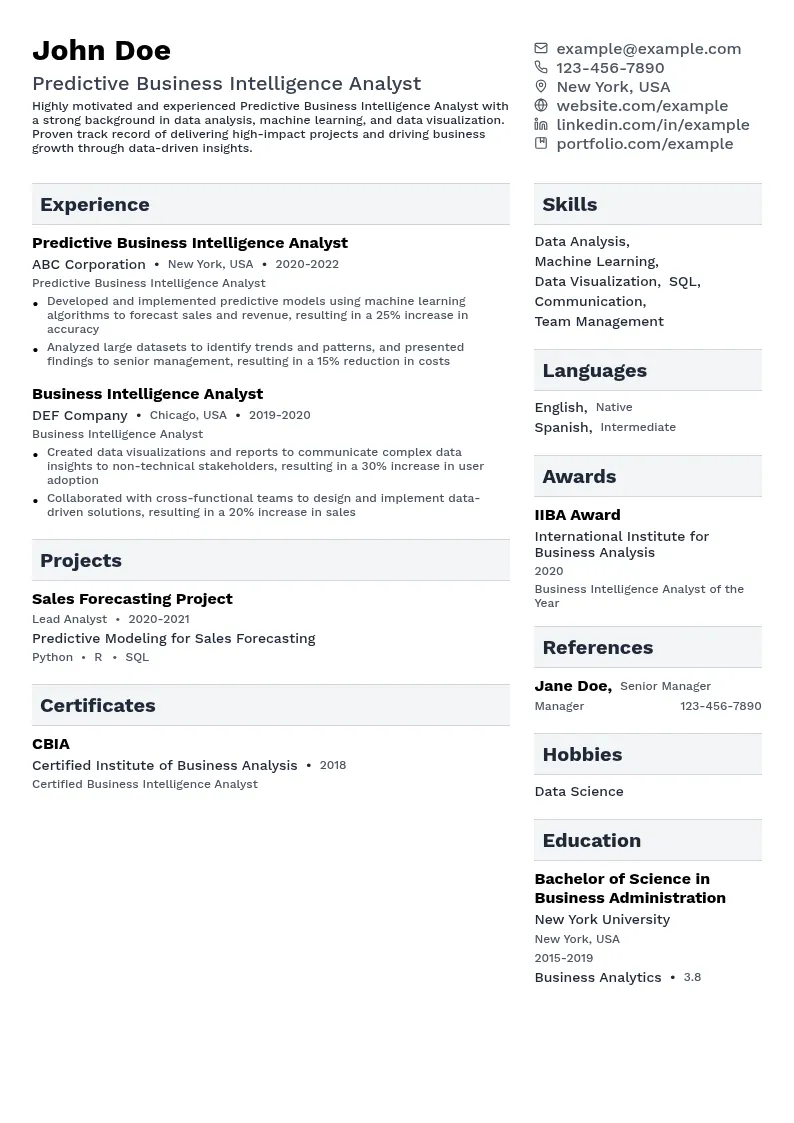 Predictive Business Intelligence Analyst resume example