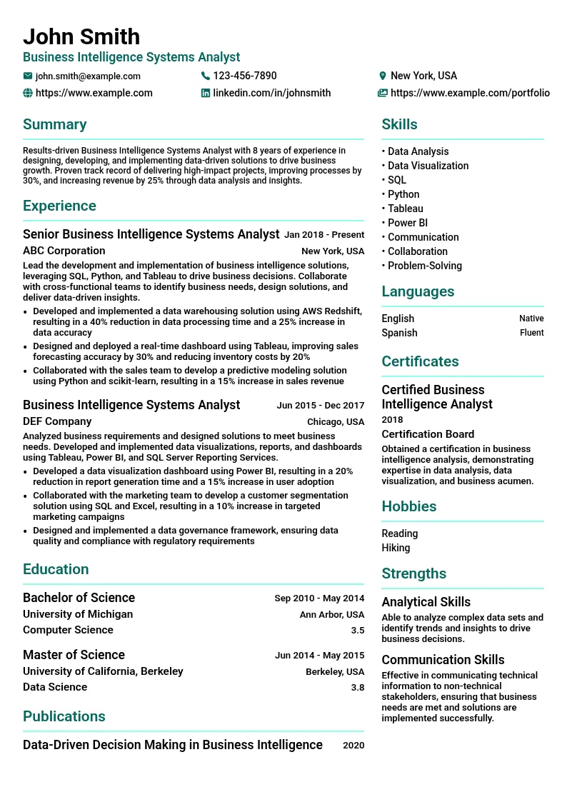 Business Intelligence Systems Analyst resume example