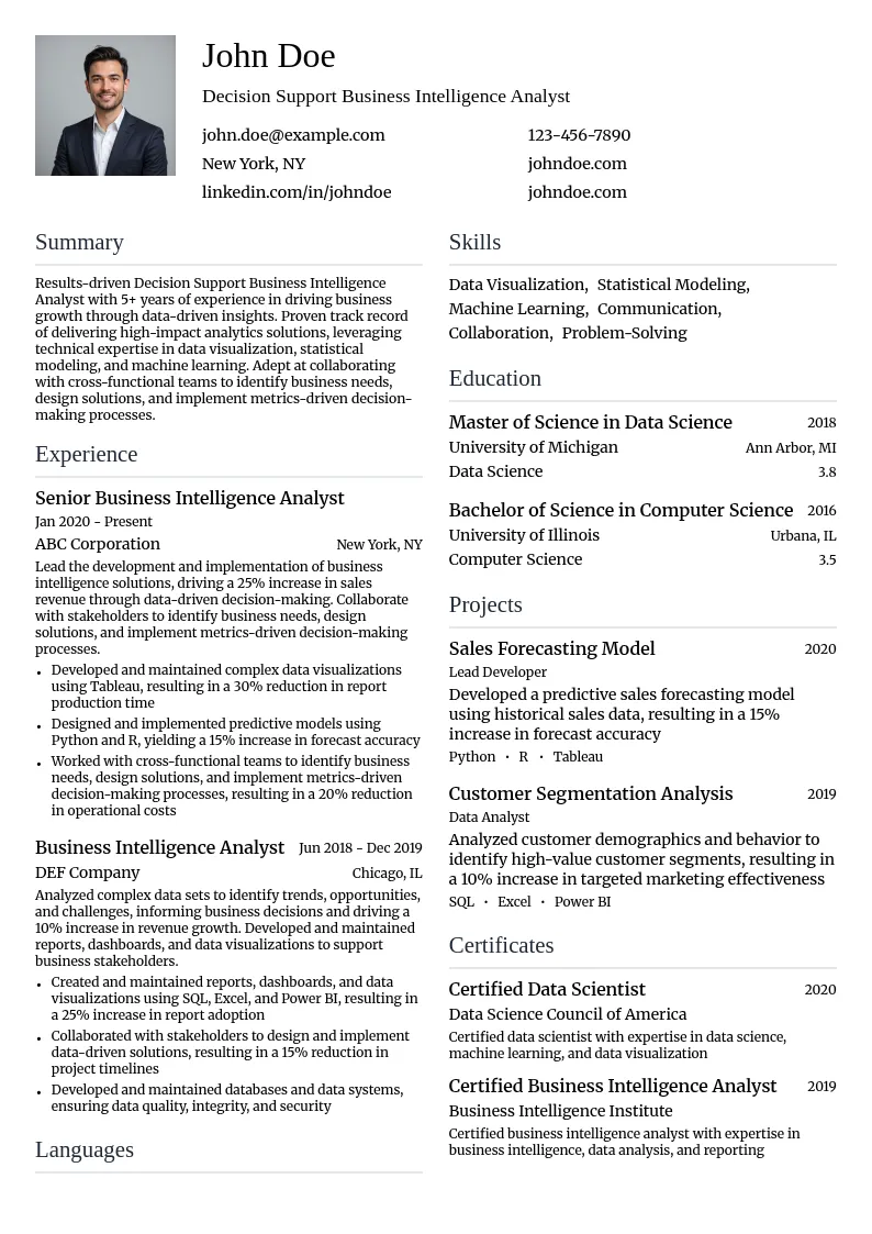 Decision Support Business Intelligence Analyst resume example