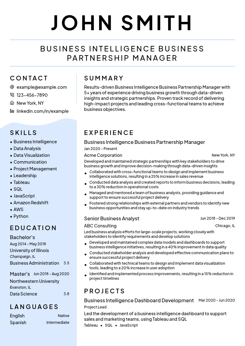 Business Intelligence Business Partnership Manager resume example