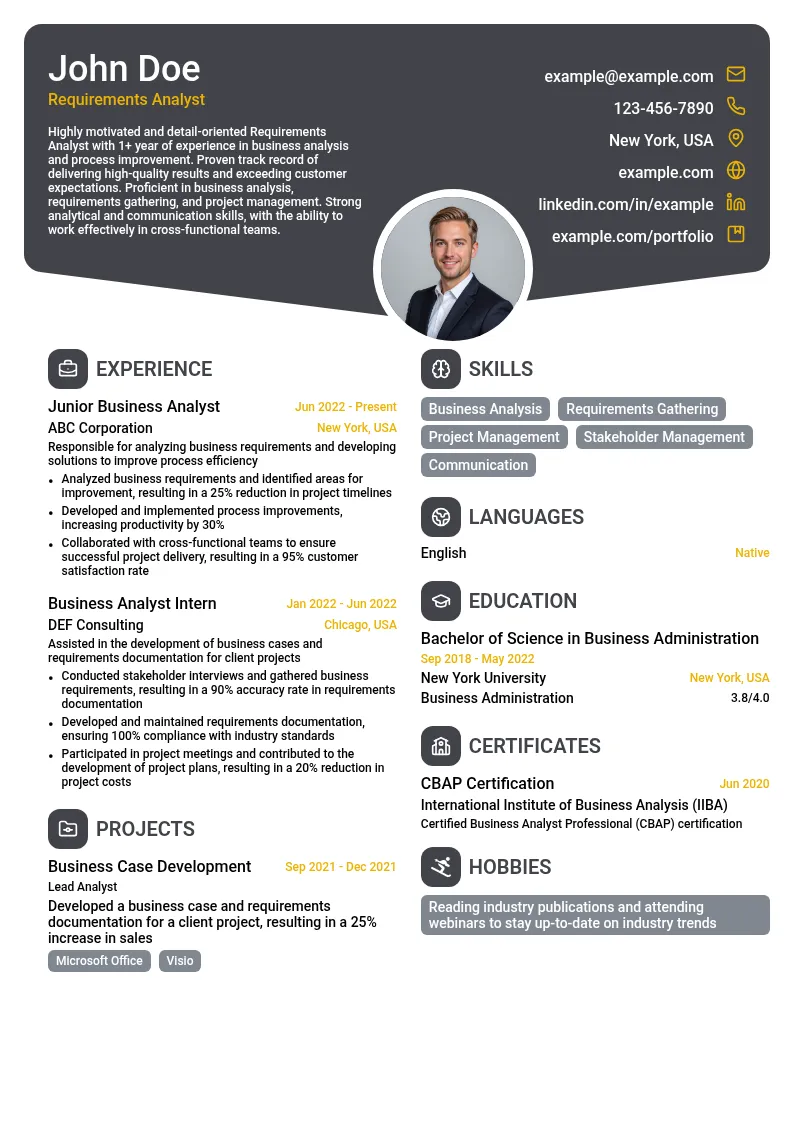 Requirements Analyst resume example