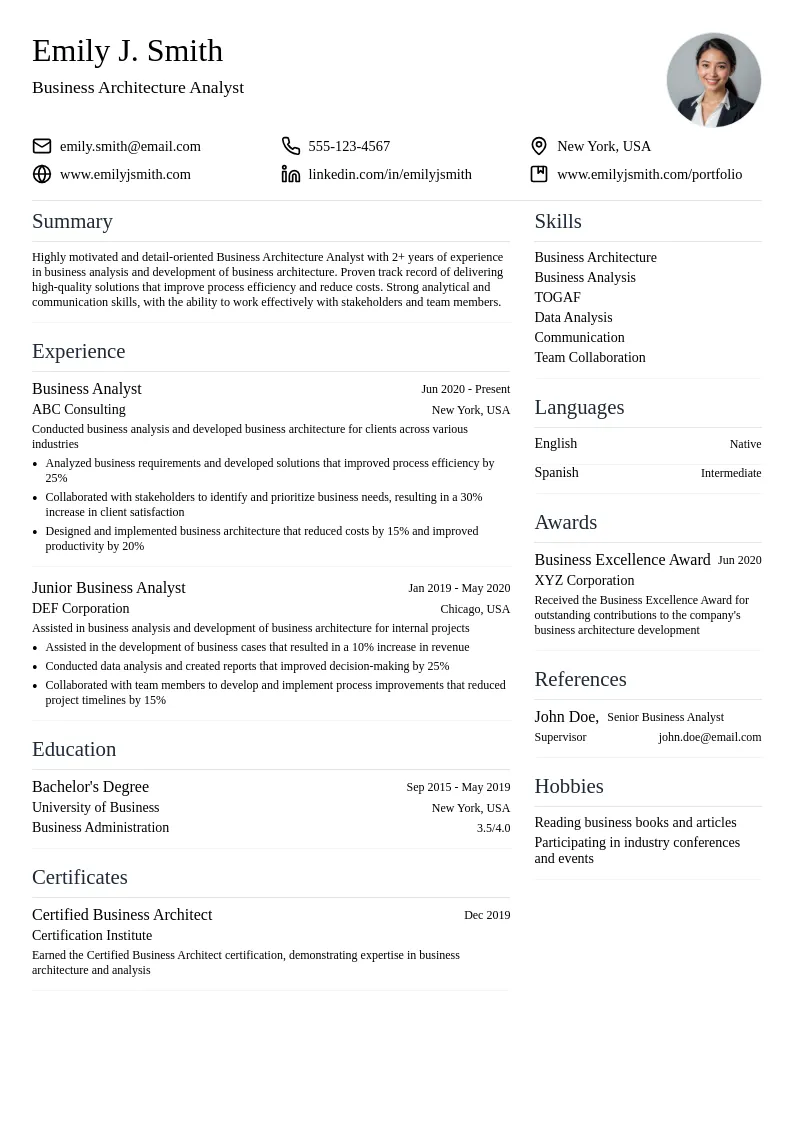 Business Architecture Analyst resume example