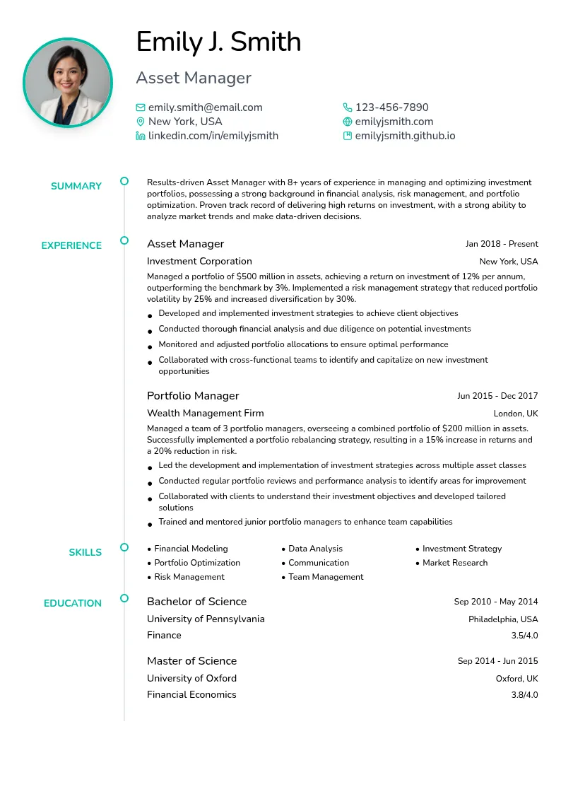 Asset Manager resume example